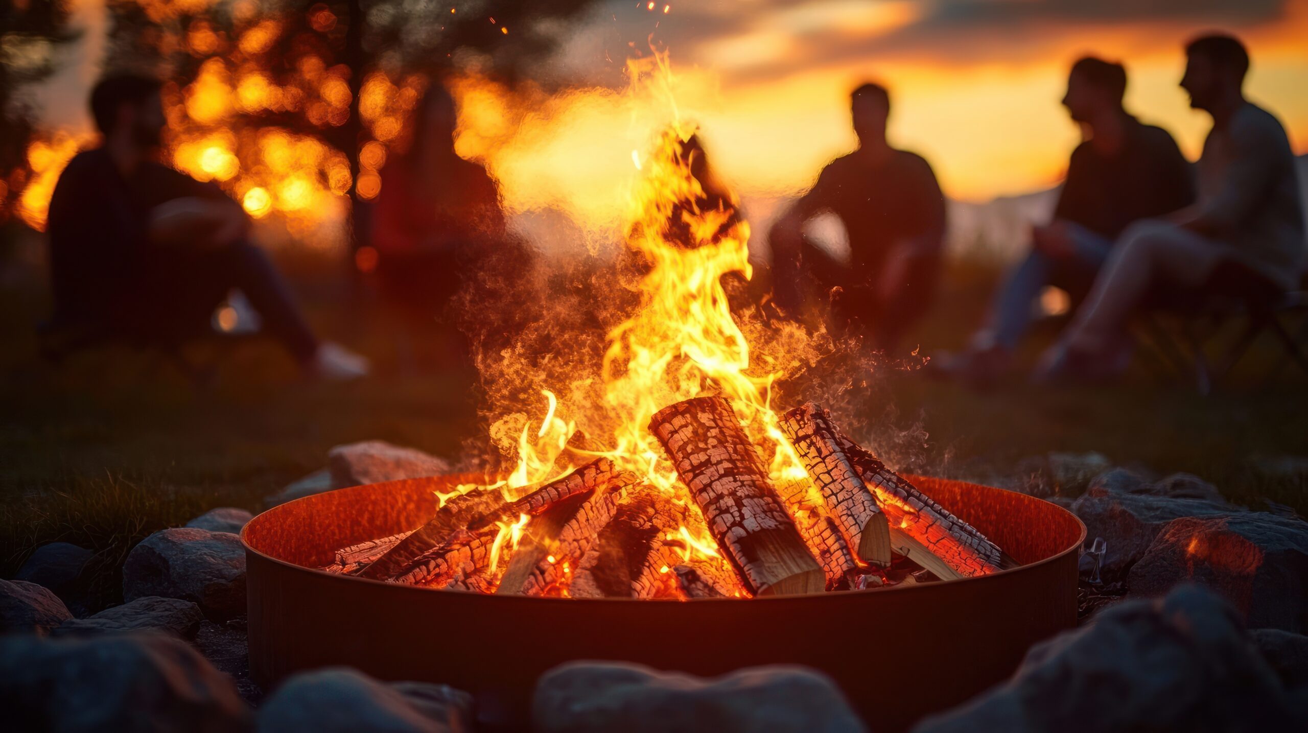 Group of people sitting around a glowing campfire at sunset in a natural outdoor setting